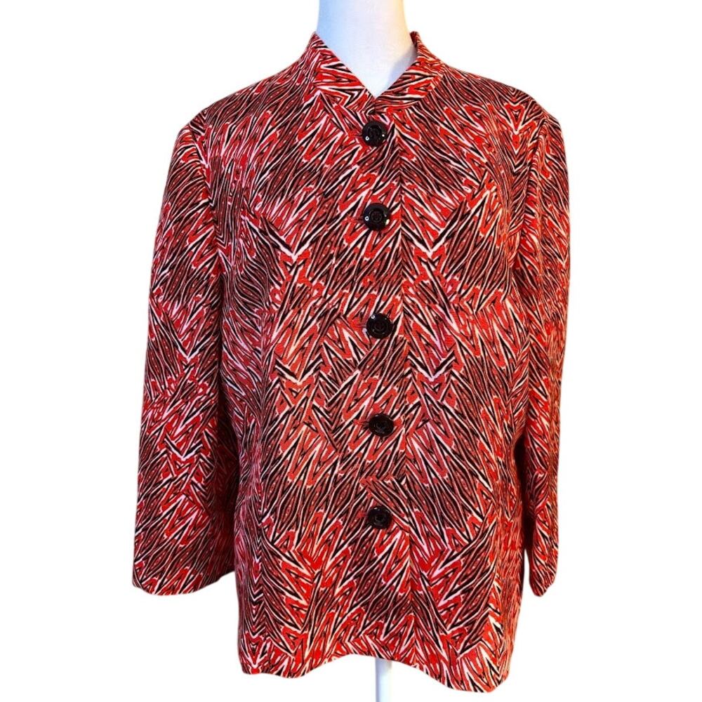 Kasper Coral Black Geometric Print Linen Blend‎ Blazer Size 12